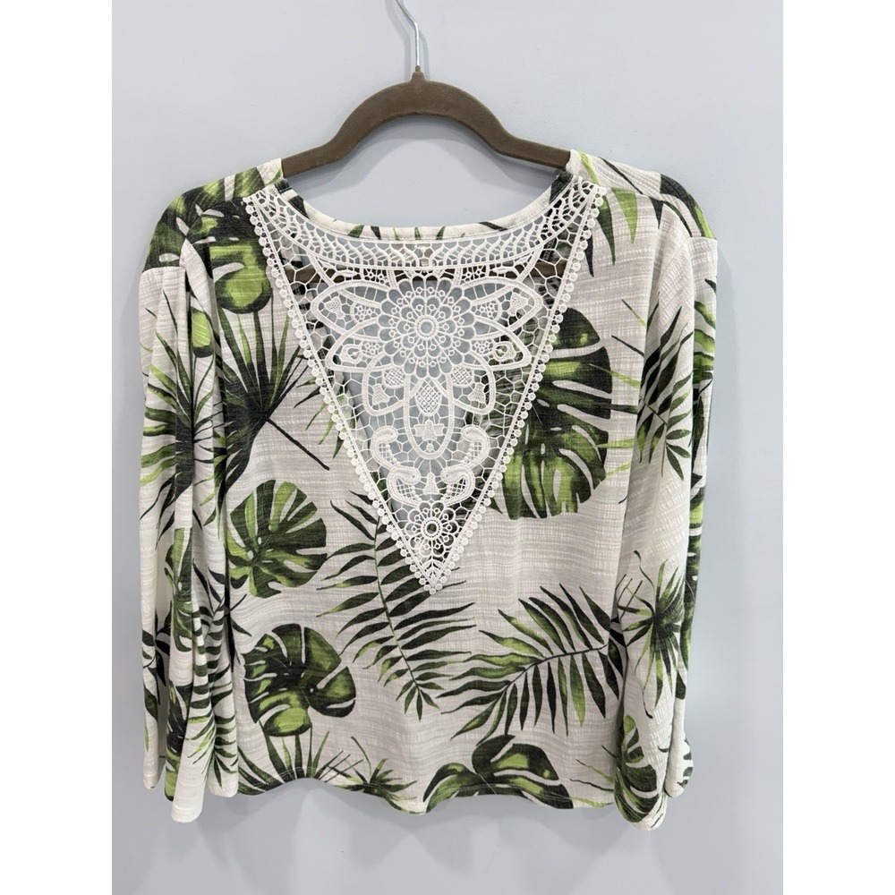 Cato Tropical Palm Print Crochet Back Top M Bell Sleeve Beachy Boho Chic - Picture 5 of 9